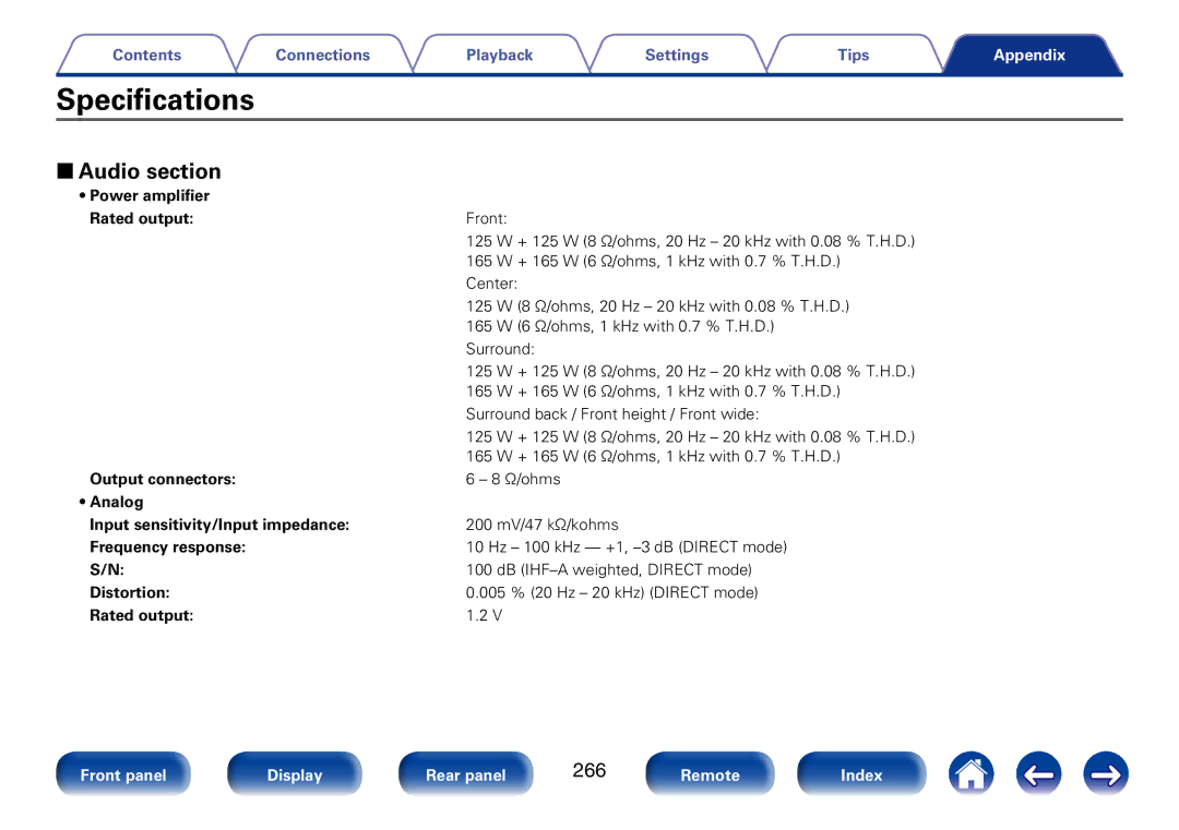 Marantz SR7008 appendix Specifications, 22Audio section, 266 