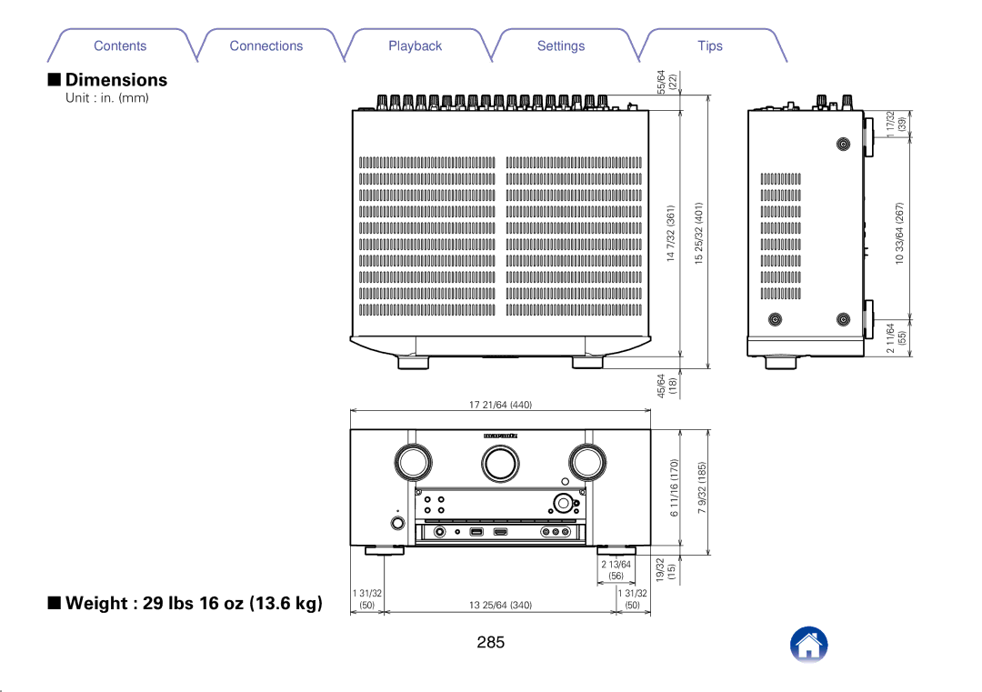 Marantz SR7008 appendix 22Dimensions, 22Weight 29 lbs 16 oz 13.6 kg, Unit in. mm 