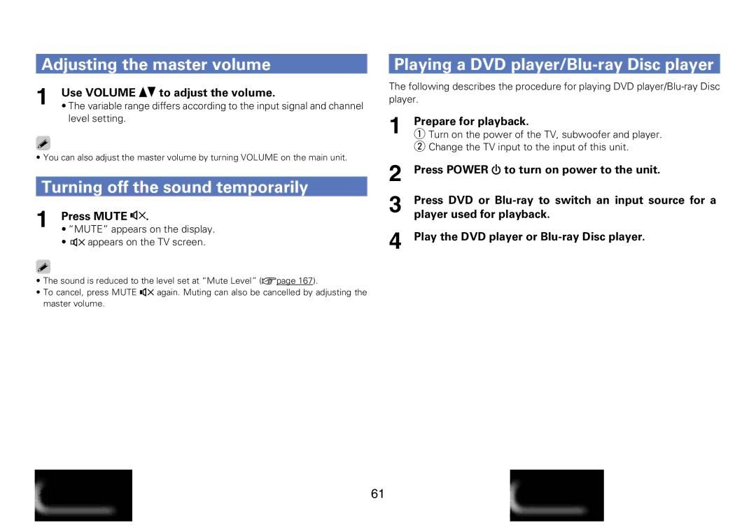 Marantz SR7008 Adjusting the master volume, Turning off the sound temporarily, Playing a DVD player/Blu-ray Disc player 