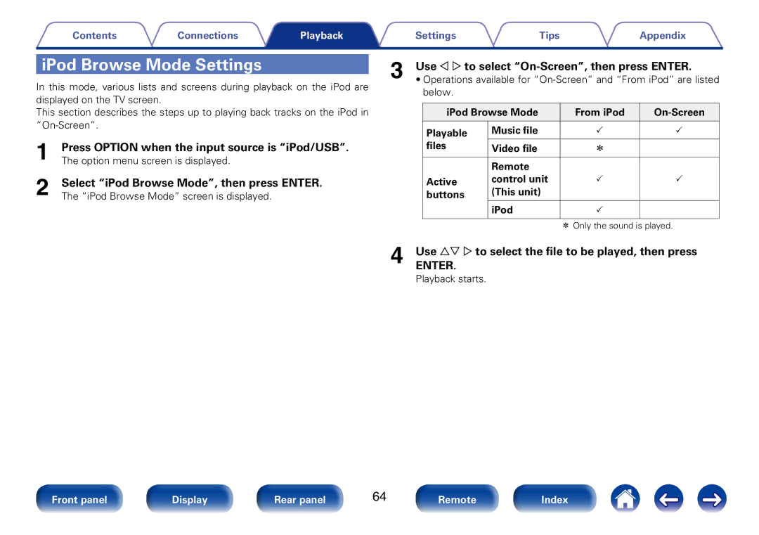 Marantz SR7008 appendix IPod Browse Mode Settings, Use o p to select On-Screen, then press Enter 