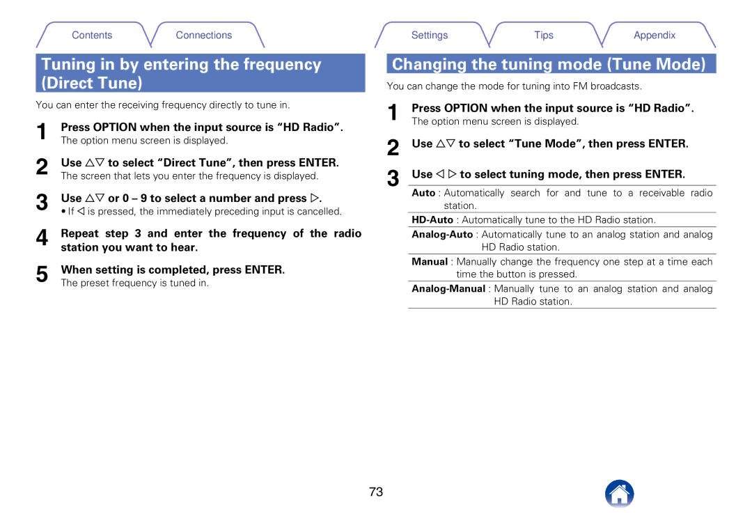 Marantz SR7008 appendix Tuning in by entering the frequency Direct Tune, Changing the tuning mode Tune Mode 