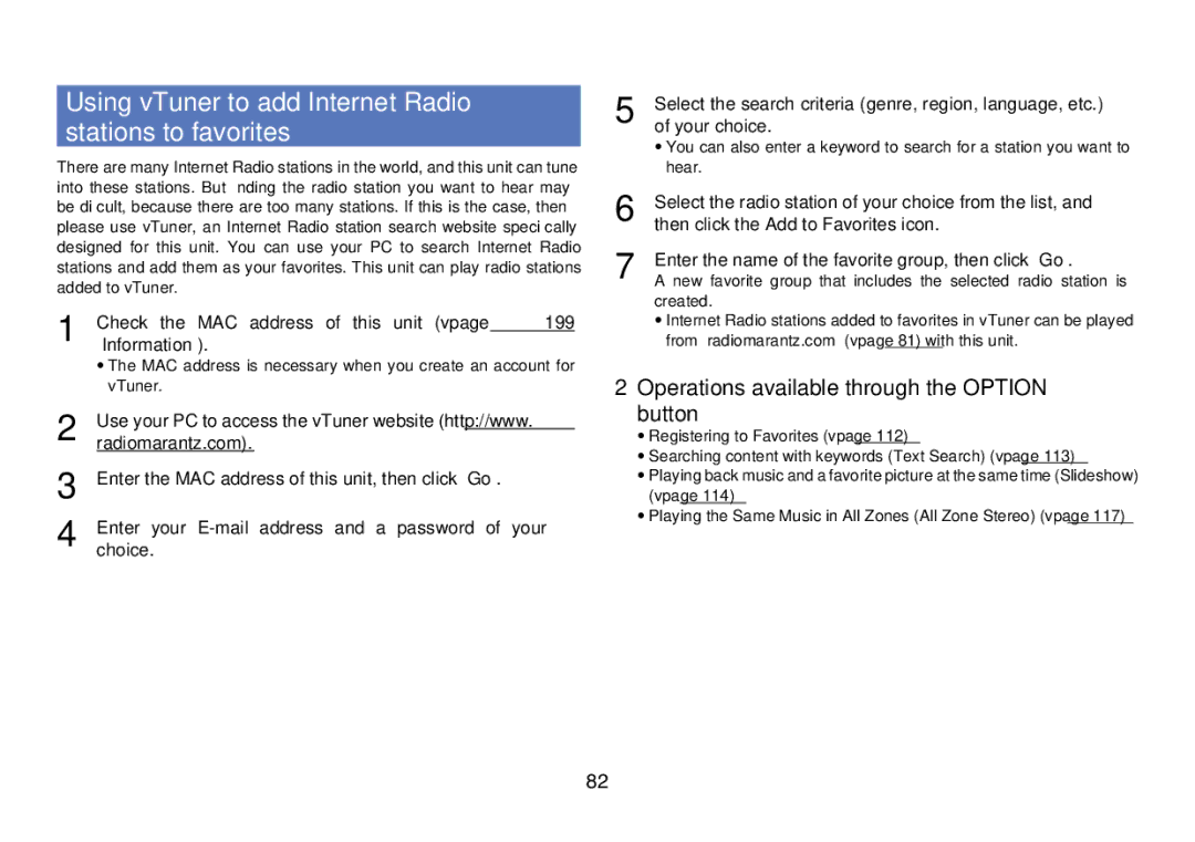 Marantz SR7008 appendix Using vTuner to add Internet Radio stations to favorites 