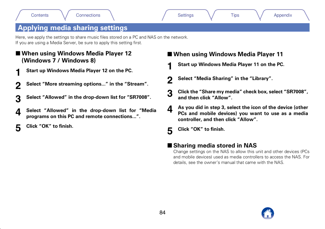 Marantz SR7008 appendix Applying media sharing settings, 22When using Windows Media Player 12 Windows 7 / Windows 