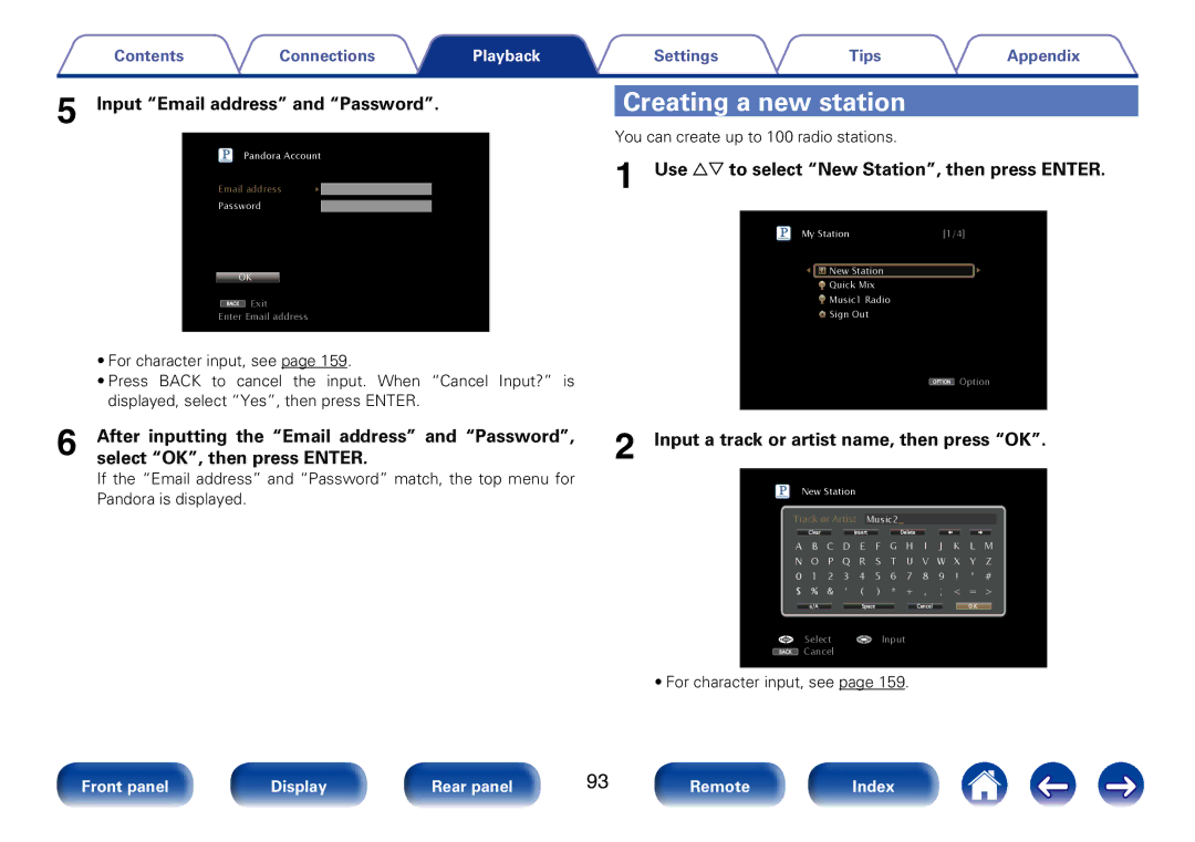 Marantz SR7008 Creating a new station, Input Email address and Password, Use ui to select New Station, then press Enter 