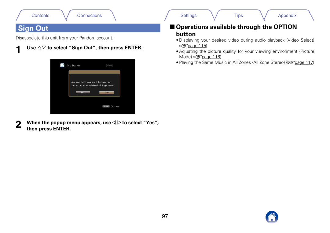 Marantz SR7008 appendix Use ui to select Sign Out, then press Enter, When the popup menu appears, use o p to select Yes 