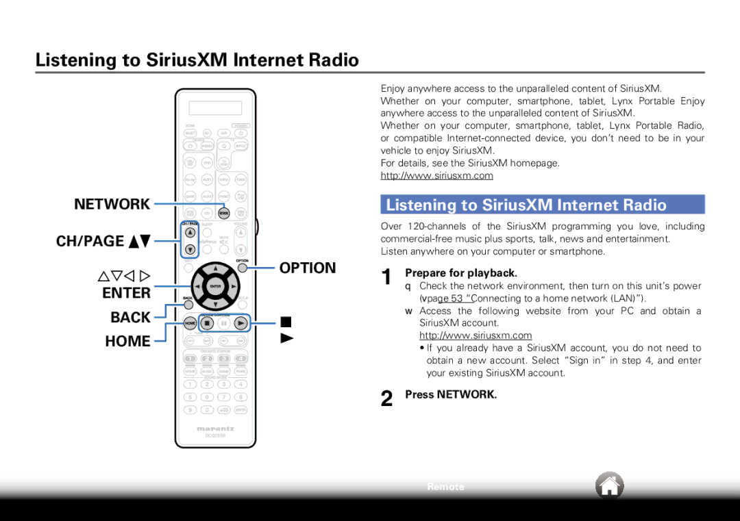 Marantz SR7008 appendix Listening to SiriusXM Internet Radio 