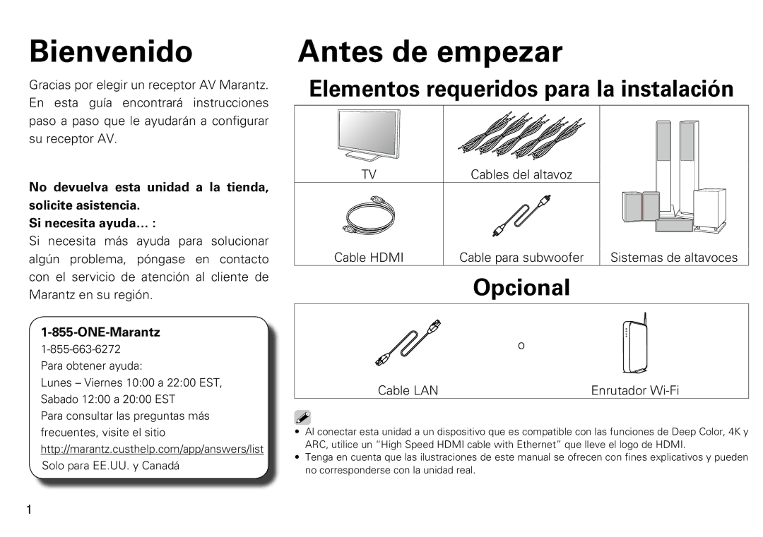 Marantz SR7009 quick start Bienvenido, Antes de empezar, Elementos requeridos para la instalación 