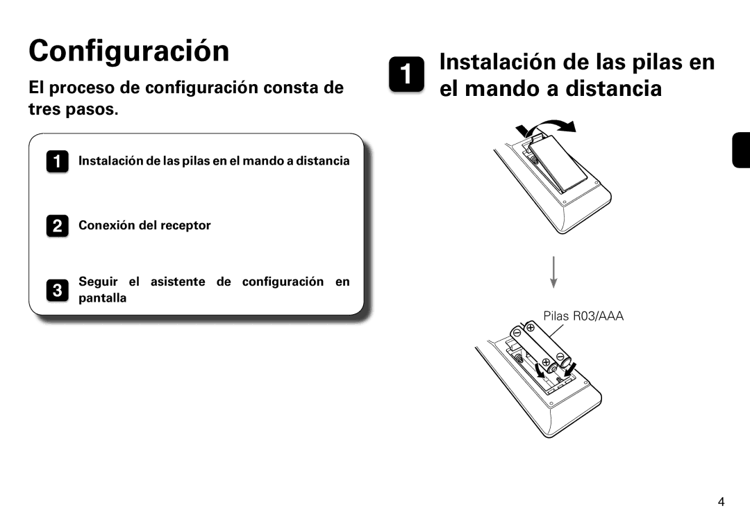 Marantz SR7009 quick start Configuración, Instalación de las pilas en el mando a distancia 