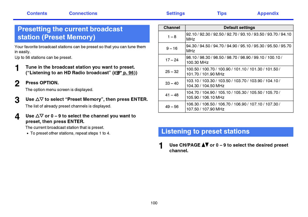 Marantz SR7009 owner manual Presetting the current broadcast station Preset Memory, Listening to preset stations 