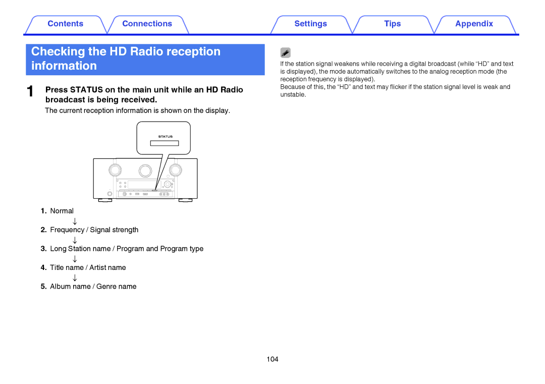 Marantz SR7009 owner manual Checking the HD Radio reception information 