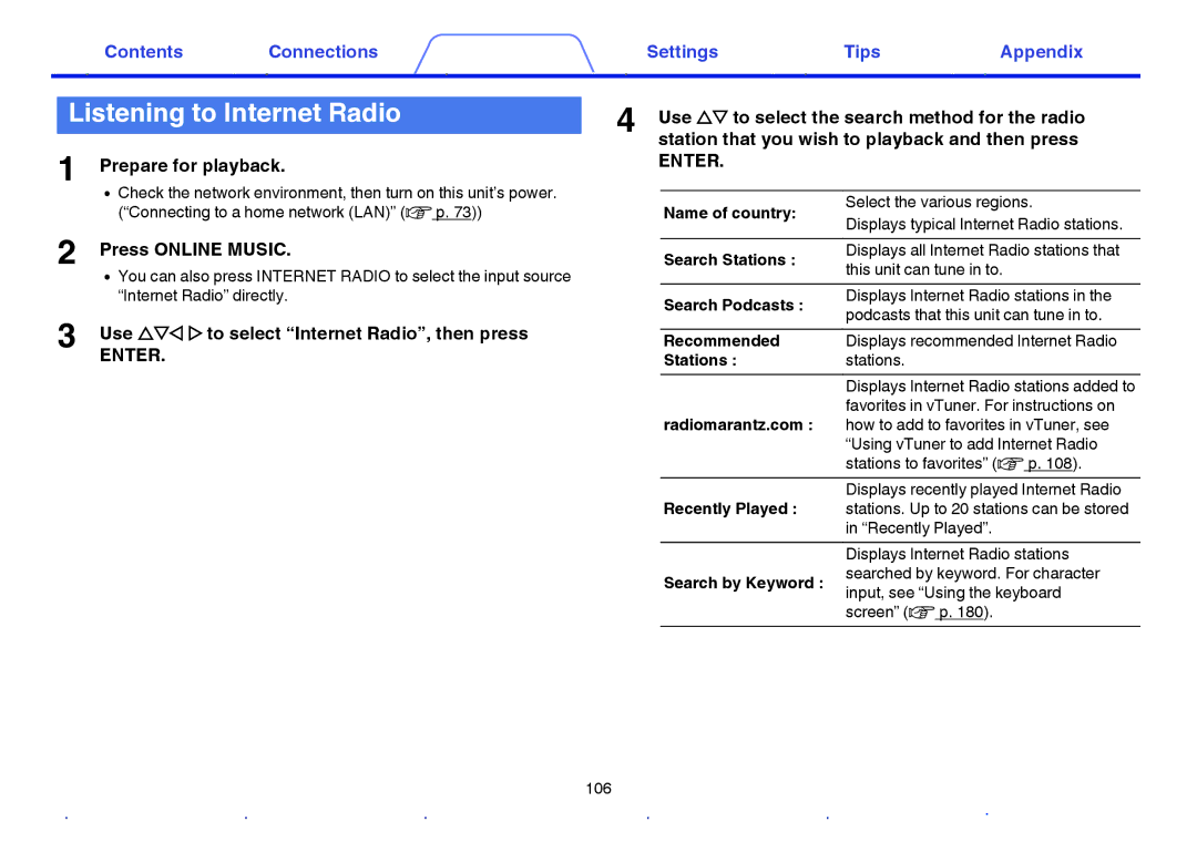 Marantz SR7009 owner manual Listening to Internet Radio, Press Online Music, Use uio p to select Internet Radio, then press 