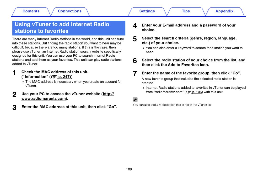 Marantz SR7009 owner manual Using vTuner to add Internet Radio stations to favorites 