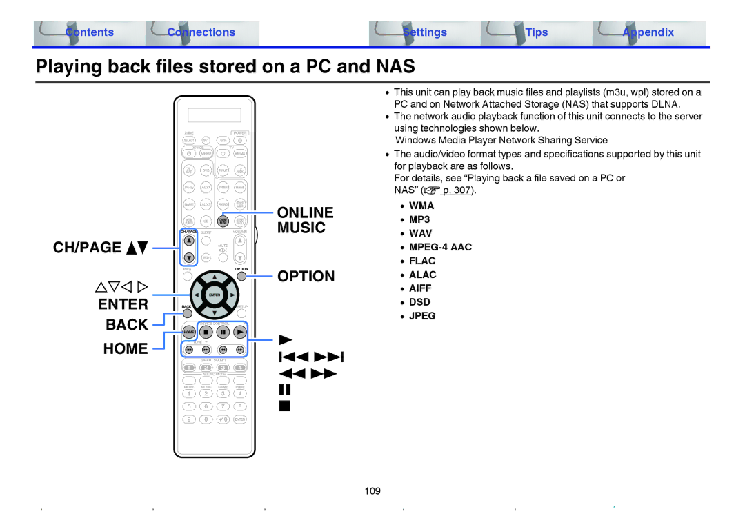 Marantz SR7009 owner manual Playing back files stored on a PC and NAS, Wma 