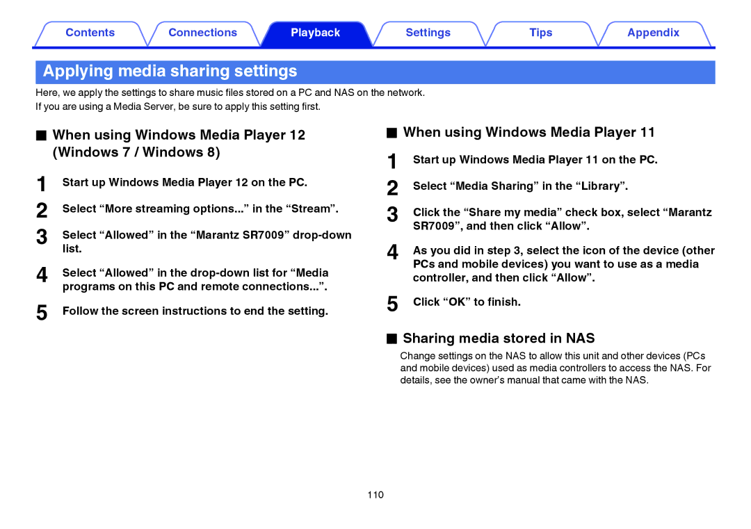 Marantz SR7009 owner manual Applying media sharing settings, When using Windows Media Player 12 Windows 7 / Windows 