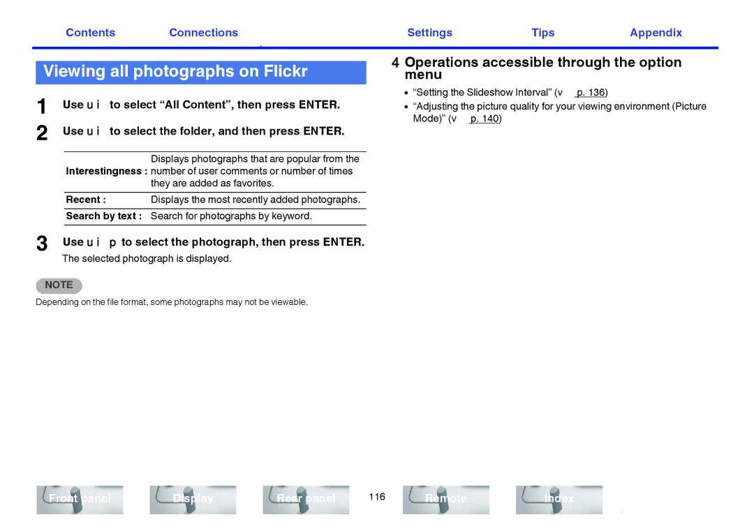 Marantz SR7009 owner manual Viewing all photographs on Flickr, Operations accessible through the option menu 