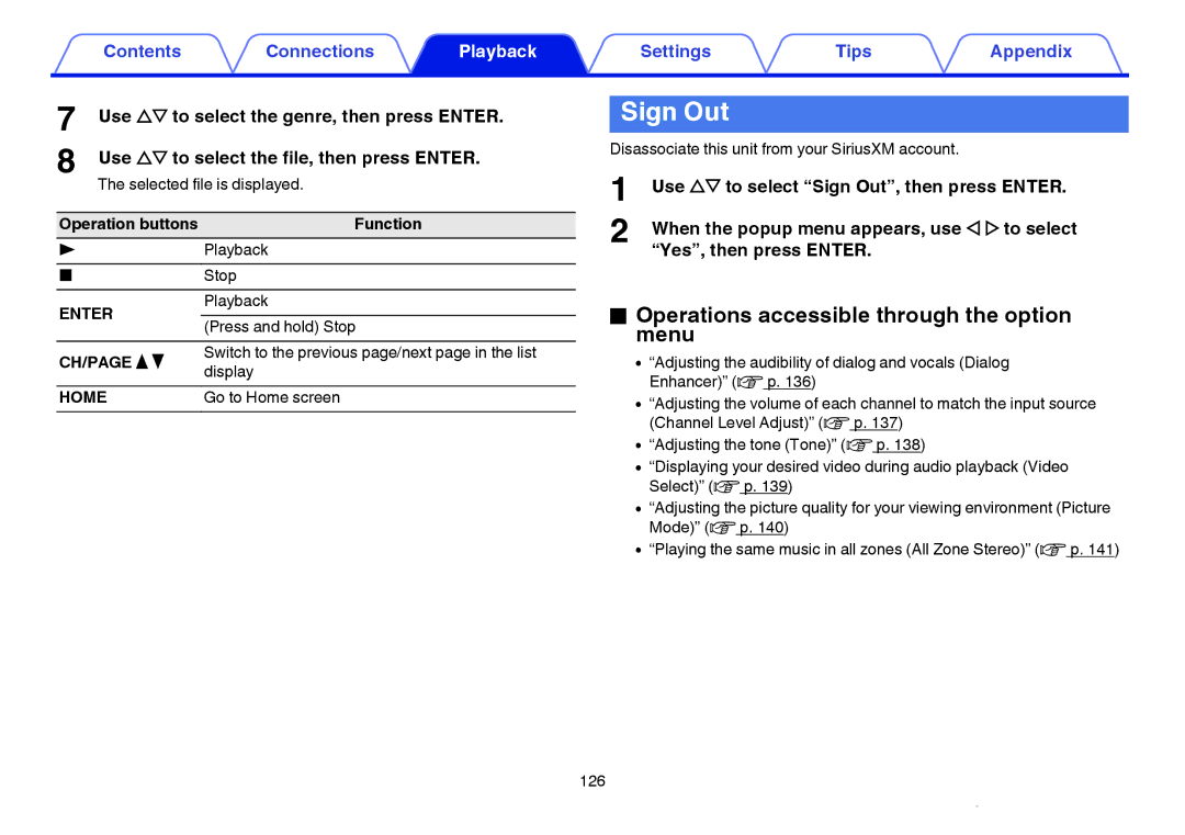 Marantz SR7009 owner manual Selected file is displayed, Disassociate this unit from your SiriusXM account 