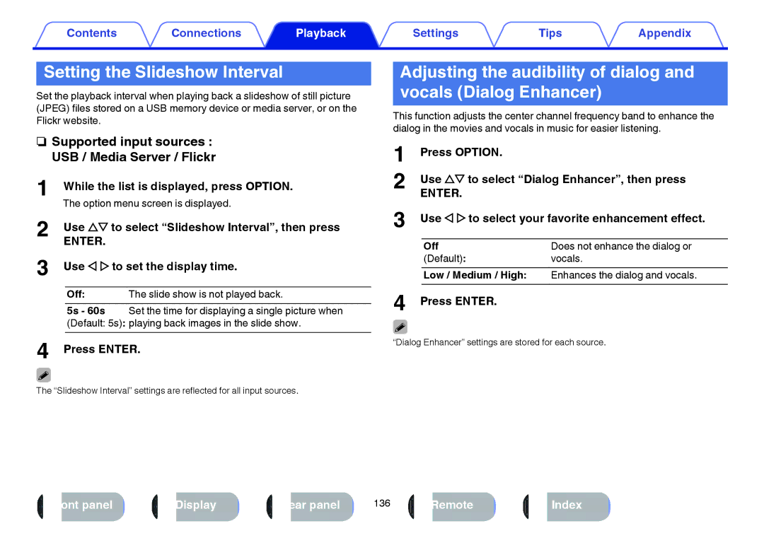 Marantz SR7009 owner manual Setting the Slideshow Interval, Supported input sources USB / Media Server / Flickr 