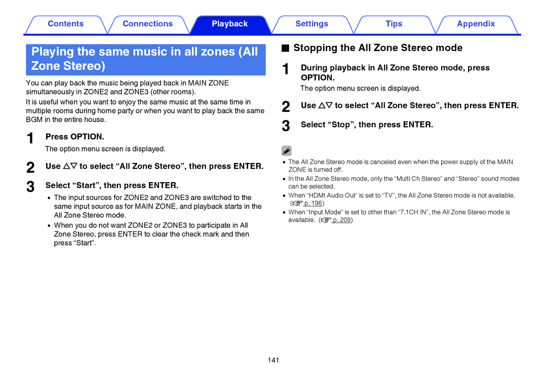 Marantz SR7009 owner manual Playing the same music in all zones All Zone Stereo, Stopping the All Zone Stereo mode 