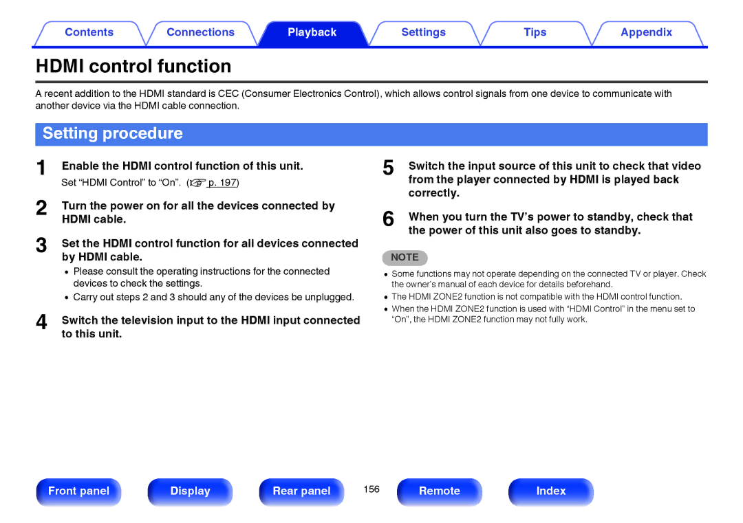 Marantz SR7009 Setting procedure, Enable the Hdmi control function of this unit, Set Hdmi Control to On. v p 