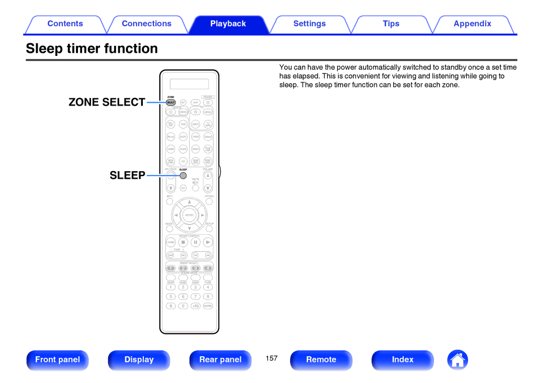 Marantz SR7009 owner manual Sleep timer function, Zone Select Sleep 