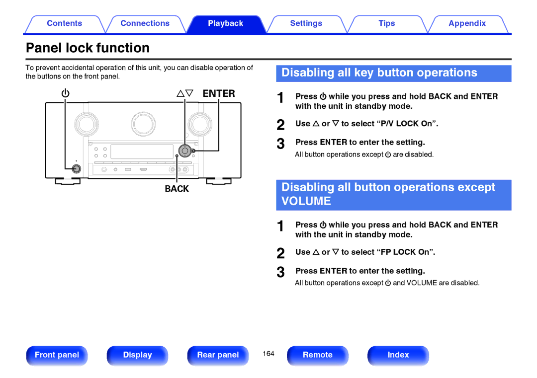 Marantz SR7009 Panel lock function, Disabling all key button operations, Disabling all button operations except, Ui Enter 