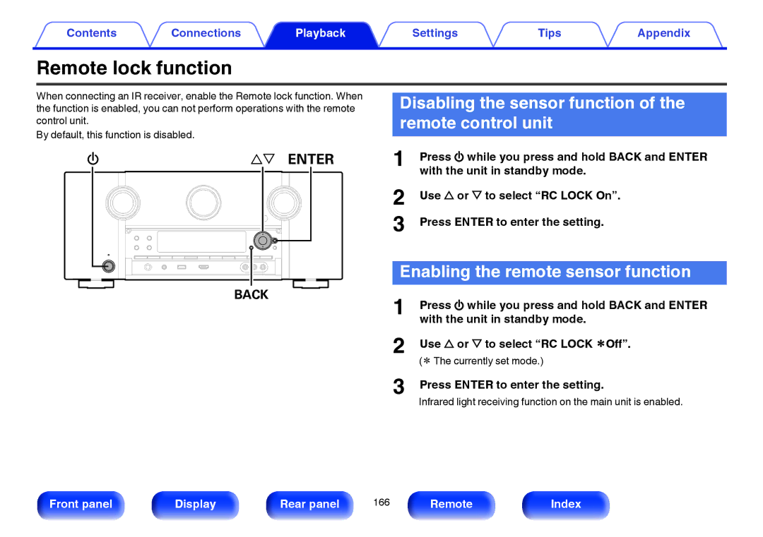 Marantz SR7009 owner manual Remote lock function, Disabling the sensor function of the remote control unit 