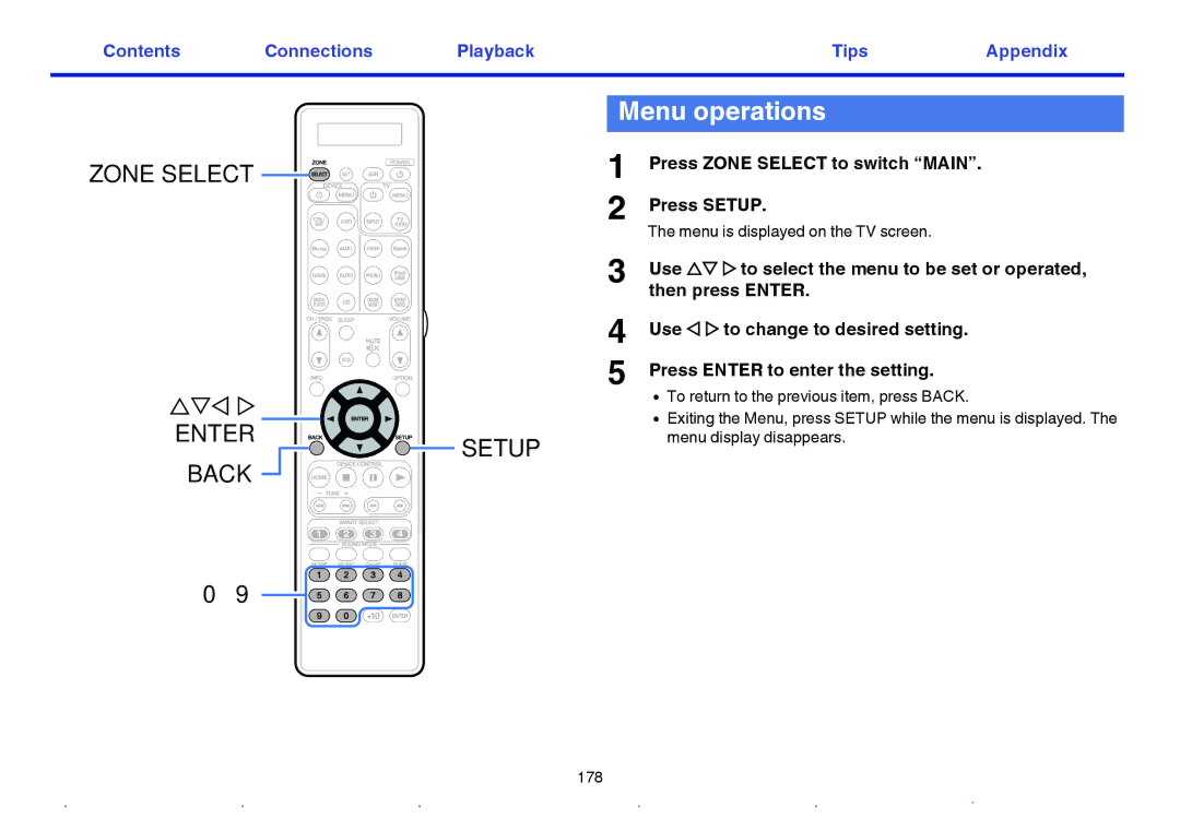 Marantz SR7009 Menu operations, Press Zone Select to switch Main Press Setup, Menu is displayed on the TV screen 