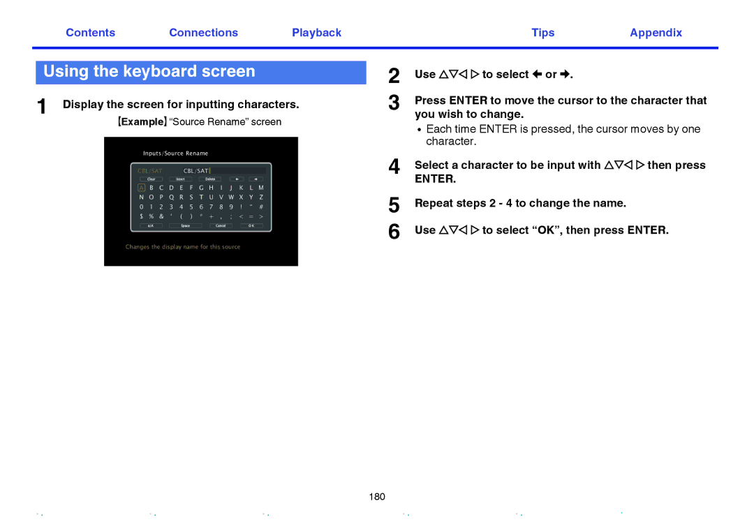 Marantz SR7009 Using the keyboard screen, Display the screen for inputting characters, GExampleH Source Rename screen 