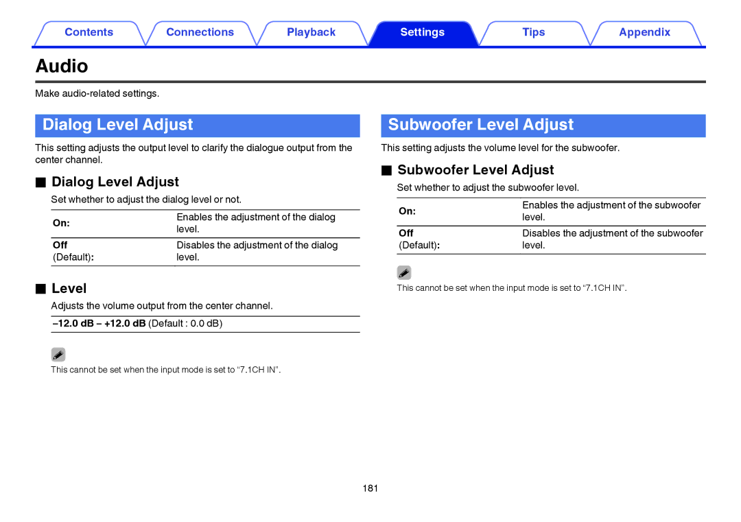 Marantz SR7009 owner manual Audio, Dialog Level Adjust, Subwoofer Level Adjust 