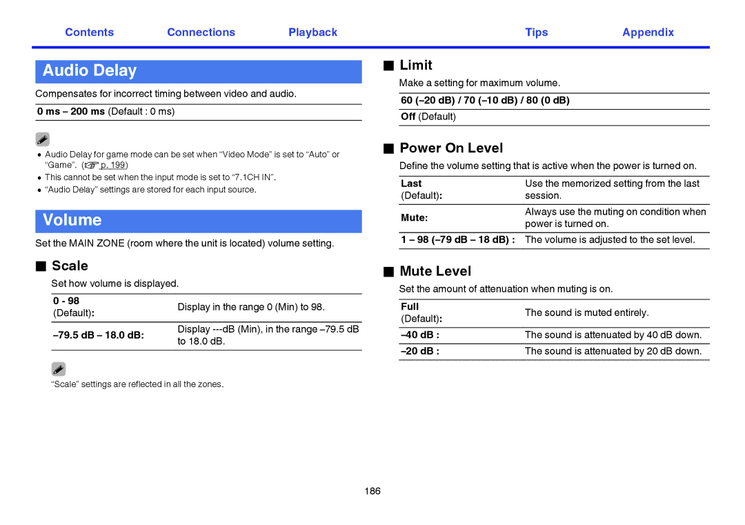 Marantz SR7009 owner manual Audio Delay, Volume 