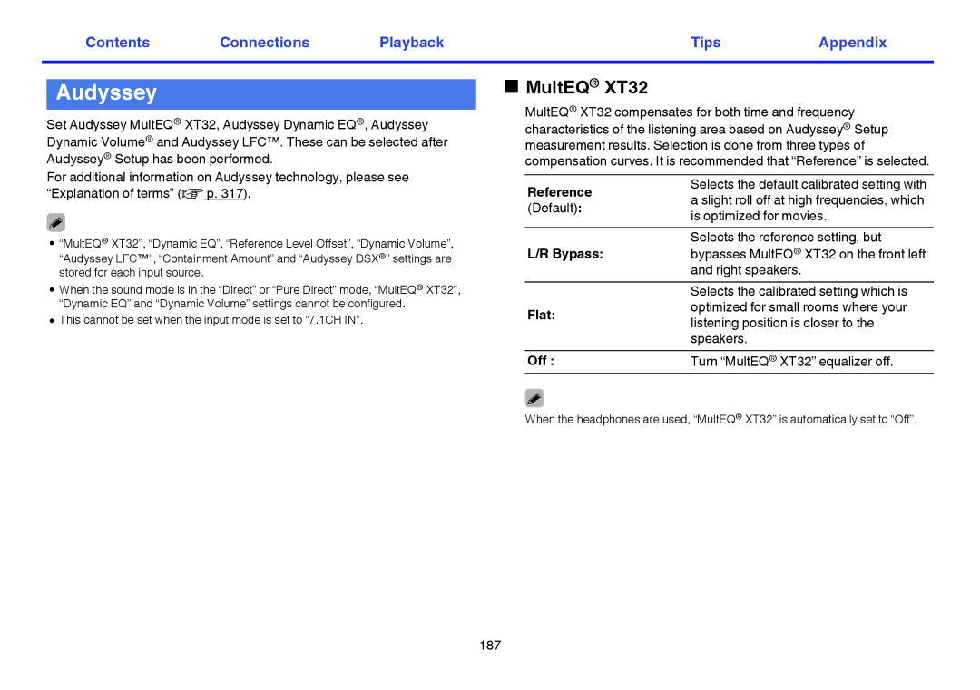 Marantz SR7009 owner manual Audyssey, MultEQ XT32, Reference, Bypass, Flat 