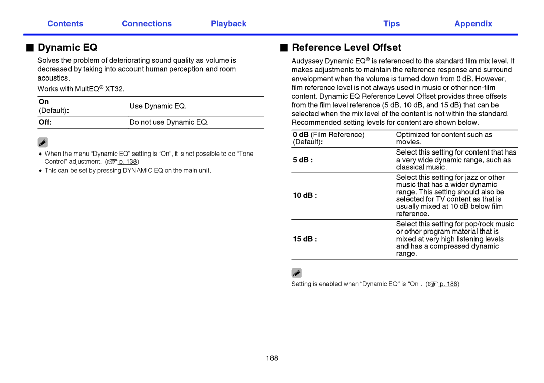 Marantz SR7009 owner manual Dynamic EQ, Reference Level Offset 