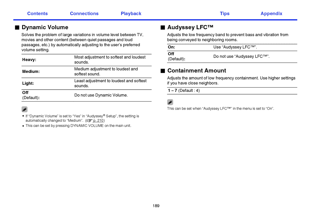 Marantz SR7009 owner manual Dynamic Volume, Audyssey LFC, Containment Amount 