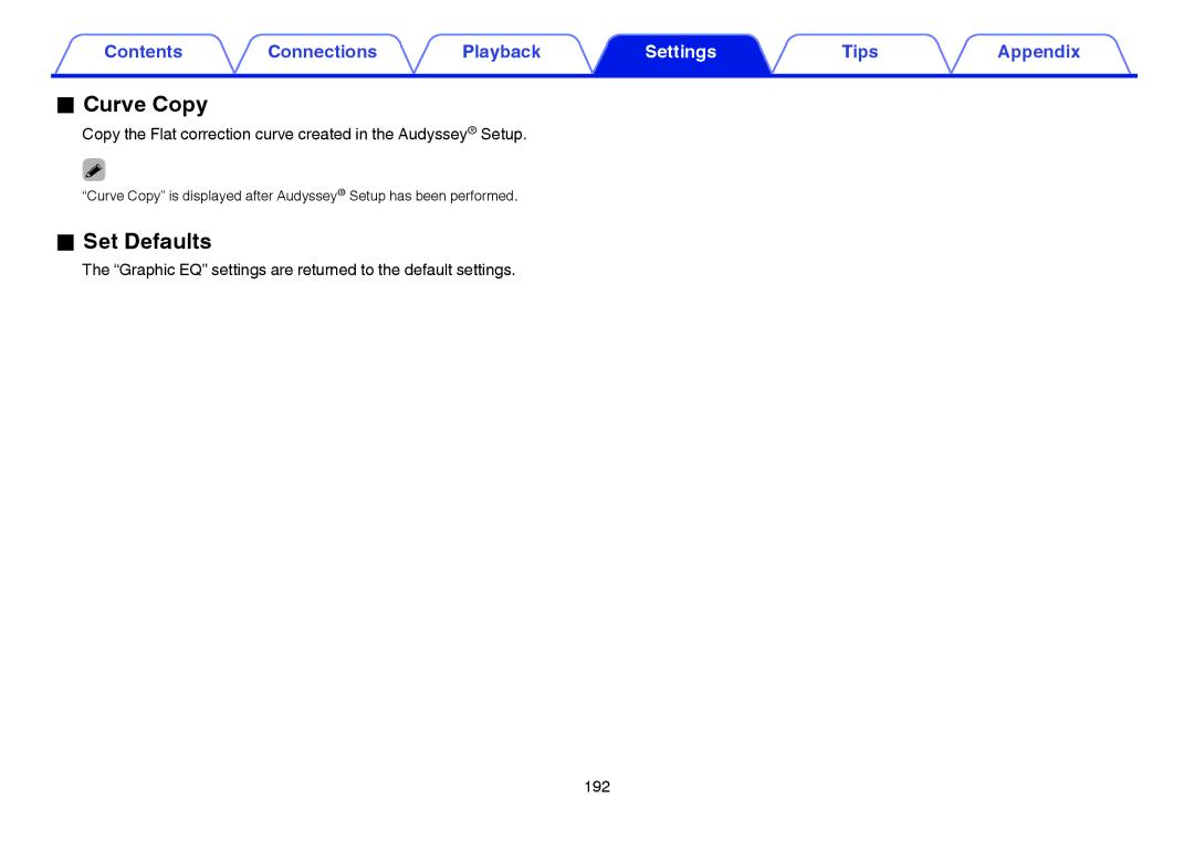 Marantz SR7009 owner manual Curve Copy, Graphic EQ settings are returned to the default settings 