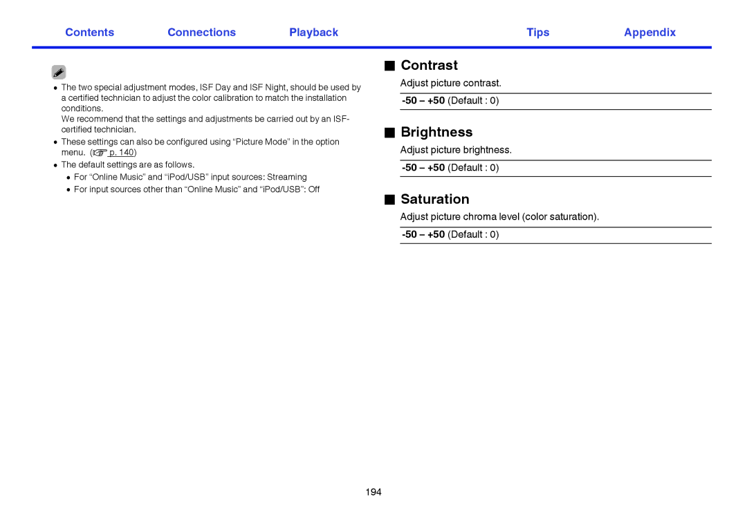 Marantz SR7009 owner manual Contrast, Brightness, Saturation 