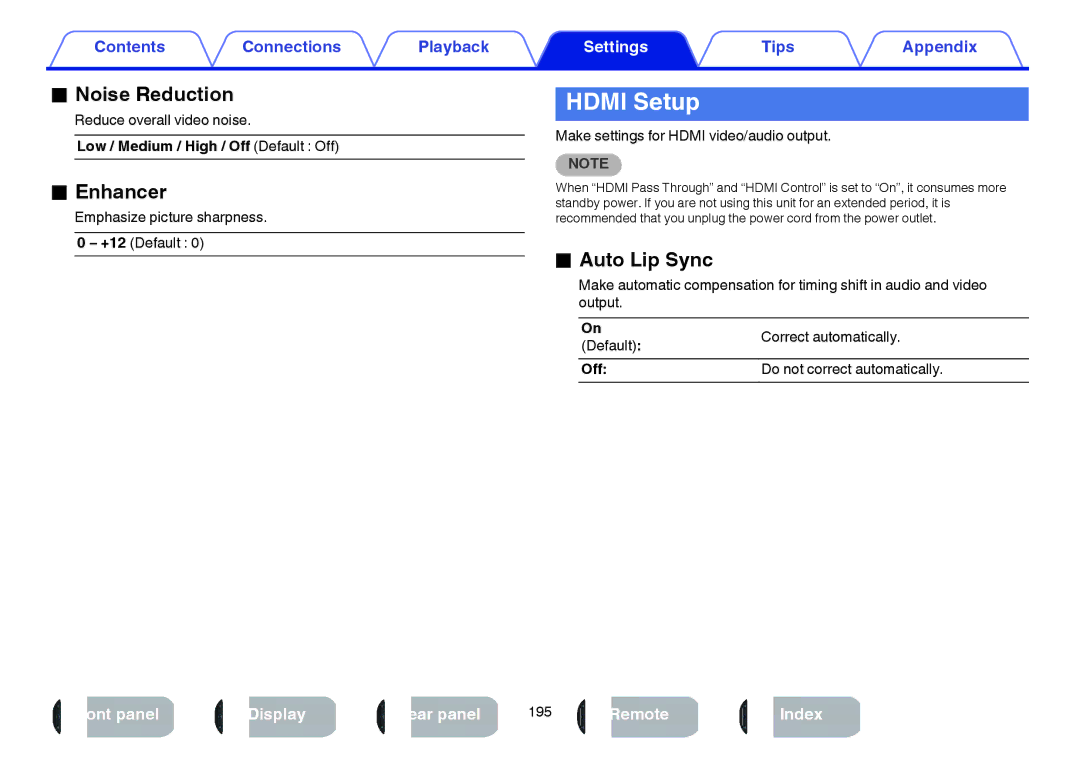 Marantz SR7009 owner manual Hdmi Setup, Noise Reduction, Enhancer, Auto Lip Sync 