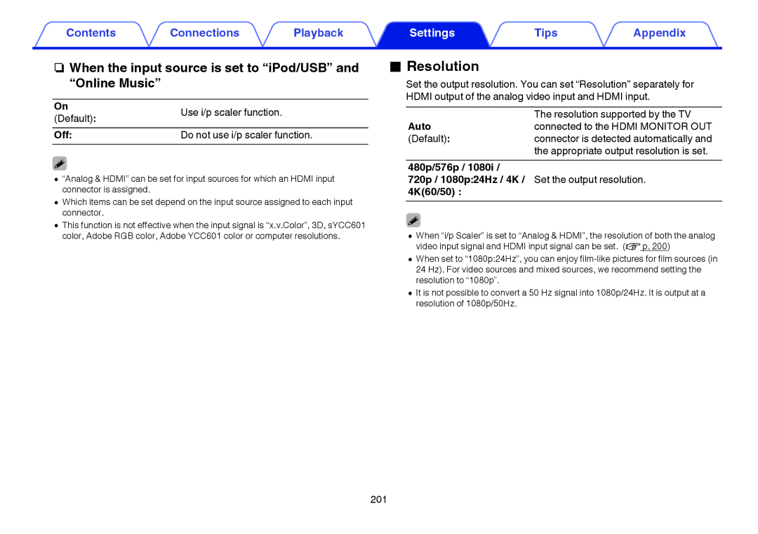 Marantz SR7009 owner manual Resolution, When the input source is set to iPod/USB and Online Music 