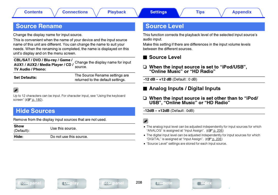 Marantz SR7009 owner manual Source Rename, Hide Sources, Source Level, Analog Inputs / Digital Inputs 