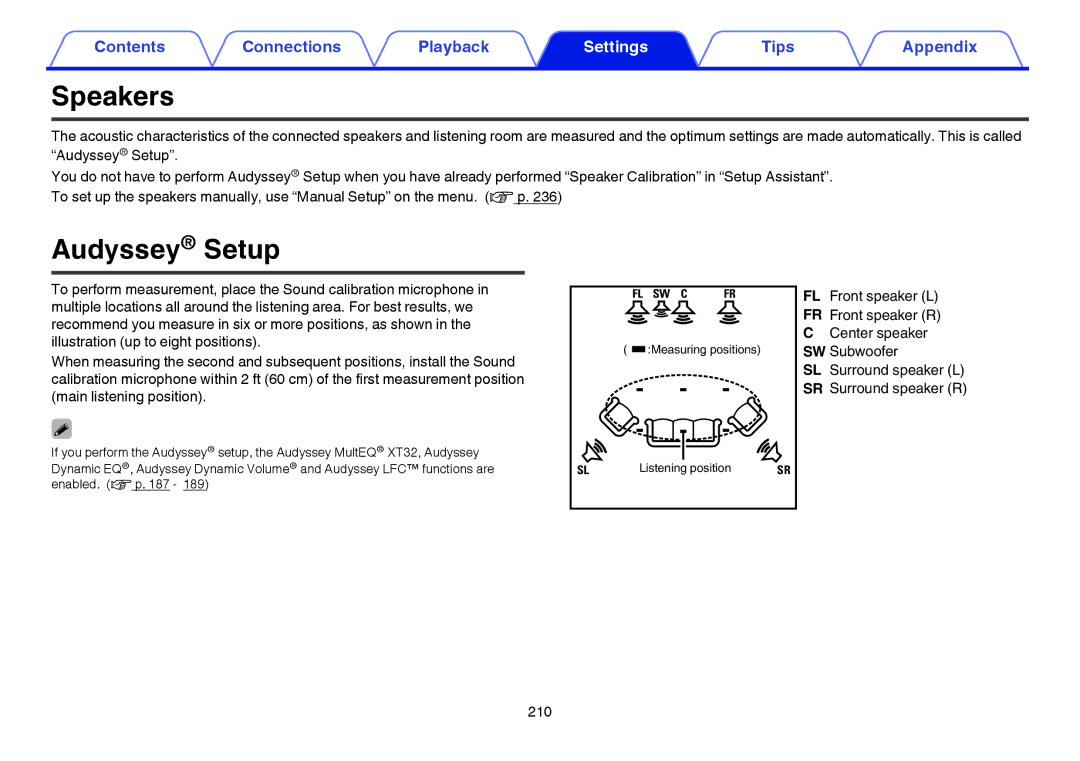 Marantz SR7009 owner manual Speakers, Audyssey Setup 