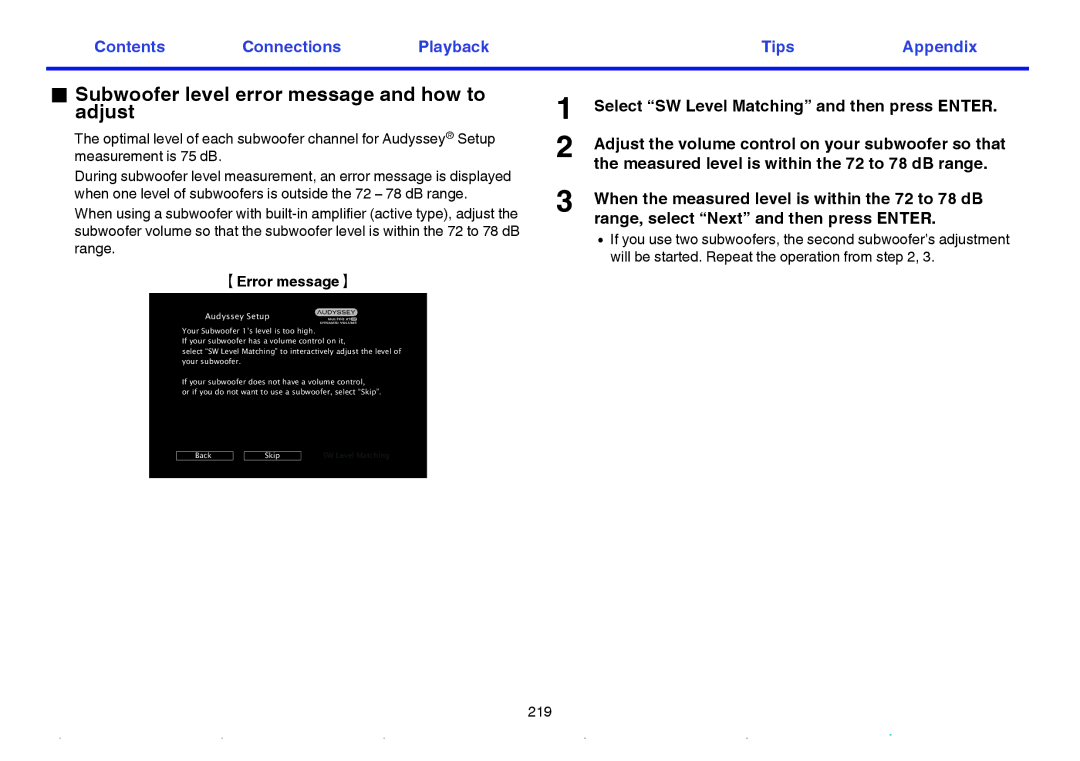 Marantz SR7009 owner manual Subwoofer level error message and how to adjust, Error message H 