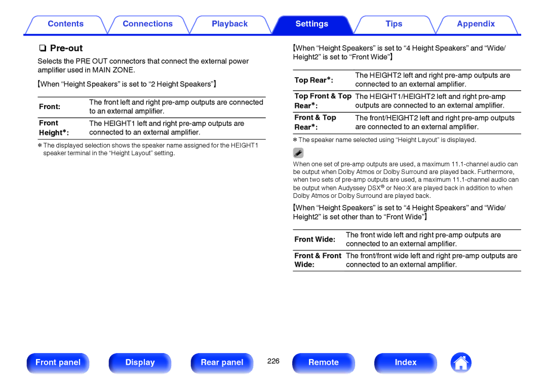 Marantz SR7009 owner manual Pre-out, Heightz, Top Rear z, Front Wide 