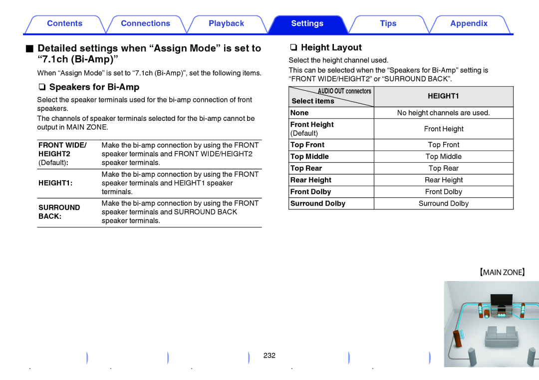 Marantz SR7009 owner manual Detailed settings when Assign Mode is set to 7.1ch Bi-Amp, Speakers for Bi-Amp 