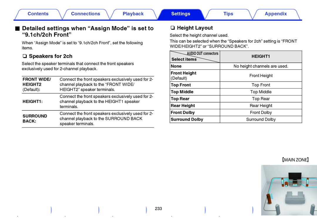 Marantz SR7009 owner manual Speakers for 2ch, Channel playback to the Front Wide, Default HEIGHT2 speaker terminals 