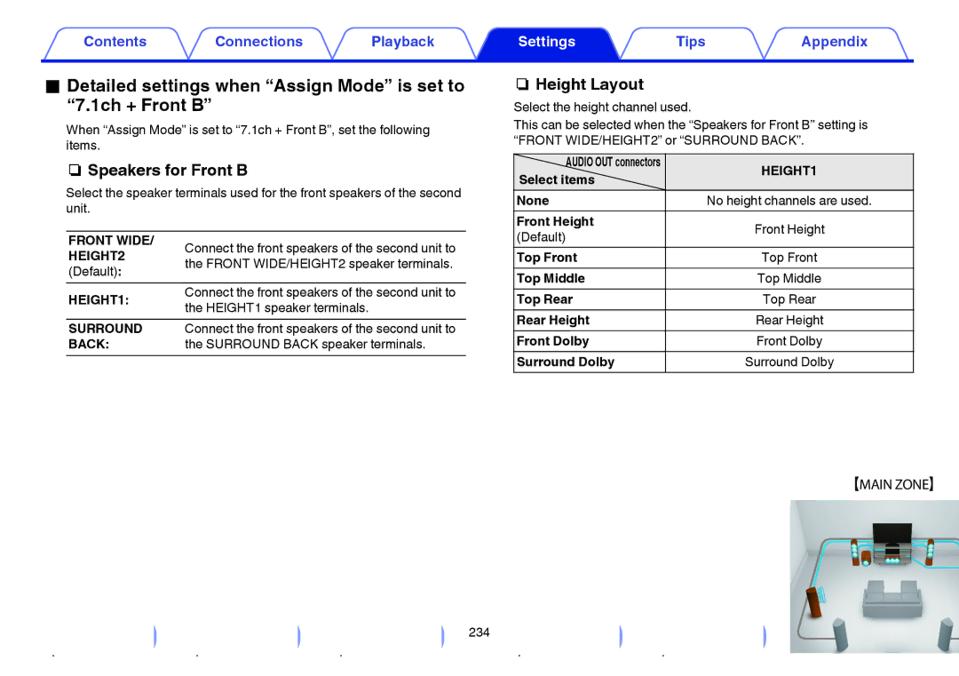 Marantz SR7009 owner manual Speakers for Front B, Front WIDE/HEIGHT2 speaker terminals, HEIGHT1 speaker terminals 