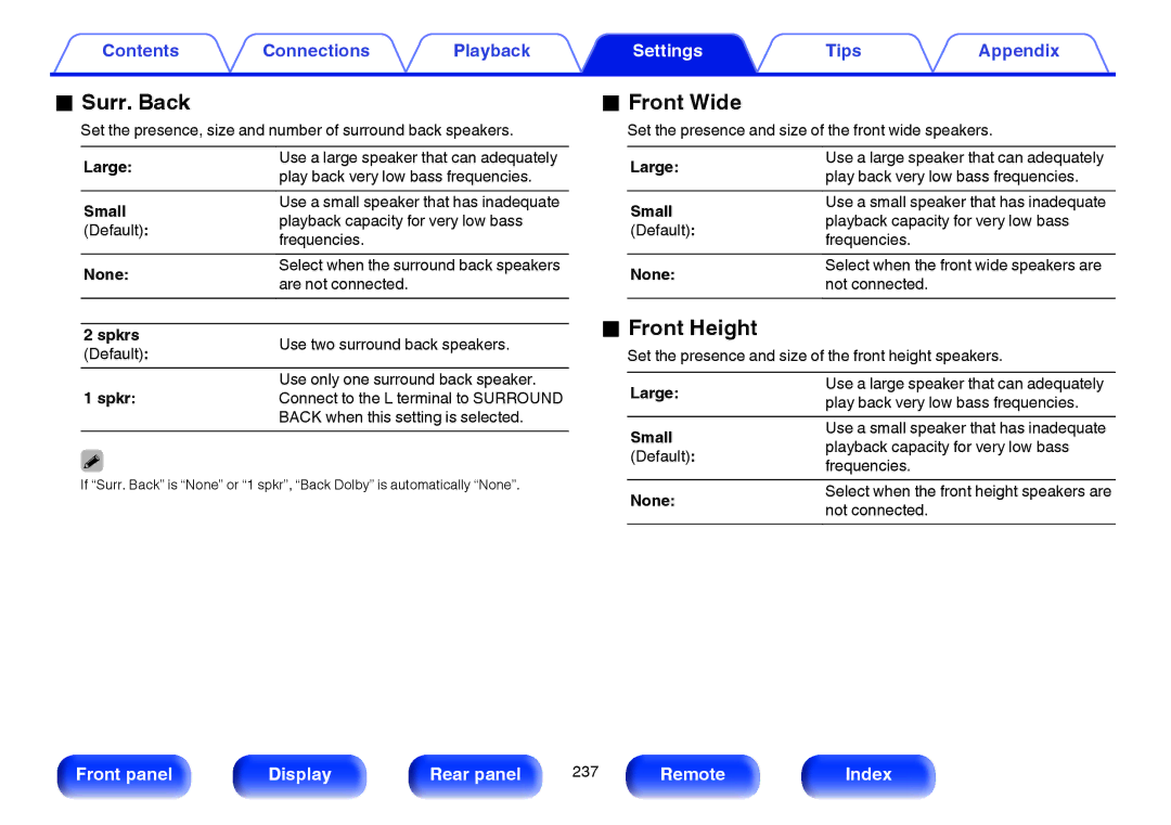 Marantz SR7009 owner manual Surr. Back, Front Wide, Front Height 