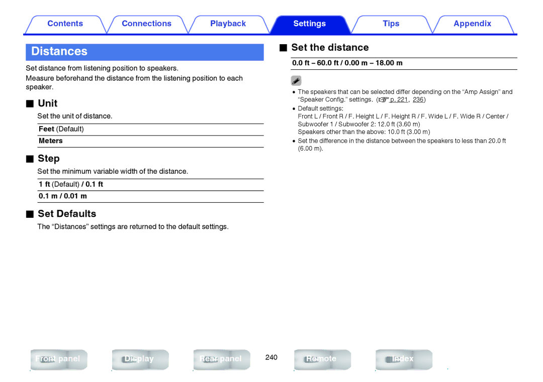 Marantz SR7009 owner manual Distances, Unit, Step, Set the distance 