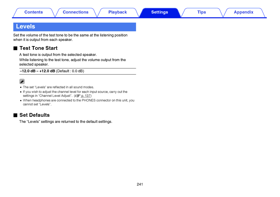 Marantz SR7009 owner manual Test Tone Start, Levels settings are returned to the default settings 