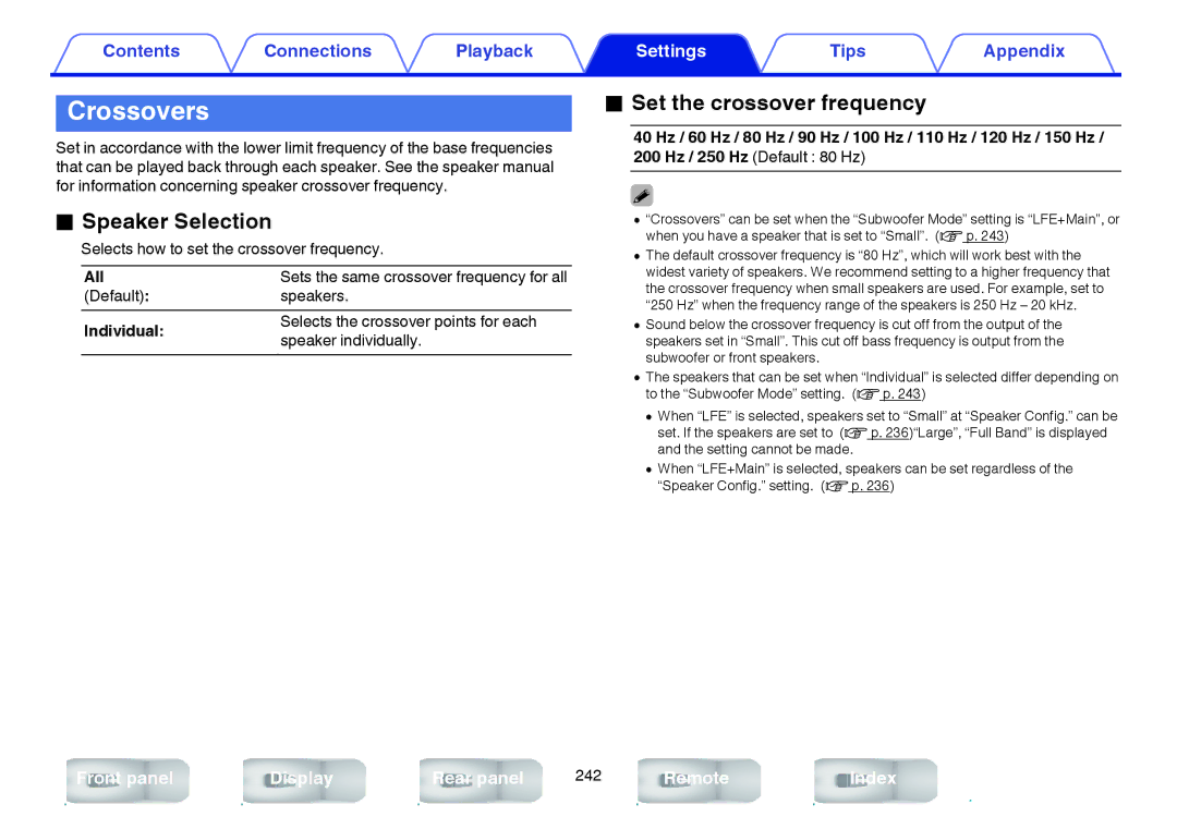 Marantz SR7009 owner manual Crossovers, Set the crossover frequency, Individual 