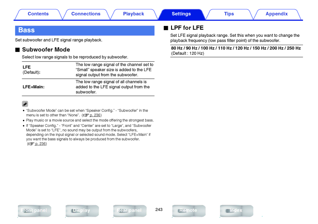 Marantz SR7009 owner manual Bass, Subwoofer Mode, LPF for LFE, Lfe, LFE+Main 