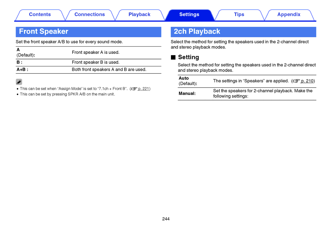 Marantz SR7009 owner manual Front Speaker, 2ch Playback, Setting 